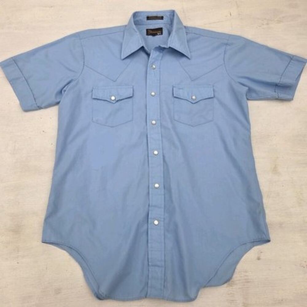 Vintage Plainsman Shirt Men’s L 16.5 Blue Pearl Snap Western Rodeo Short Sleeve
